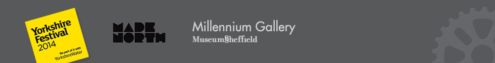 Footer containing logos for Yorkshire Festival 2014, Made North and the Millennium Gallery